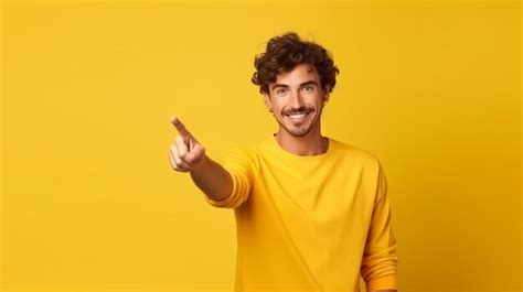 Premium Photo Man Pointing Finger Empty Space Promote Product Isolated On Yellow Color Background