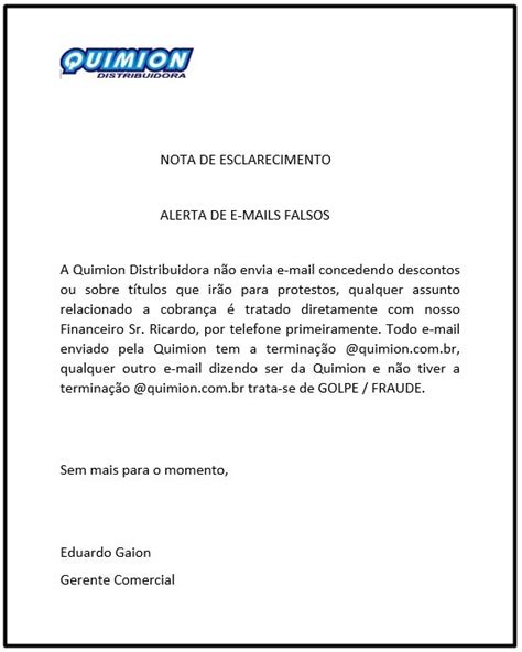 NOTA DE ESCLARECIMENTO Notícias Quimion Distribuidora