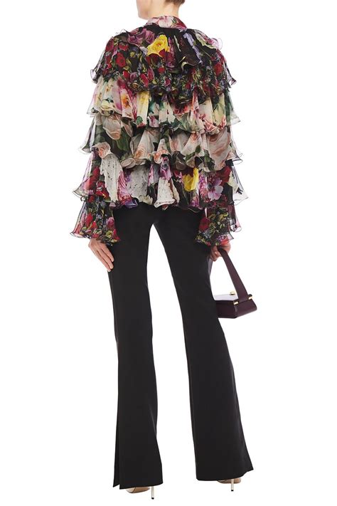 Dolce Gabbana Pussy Bow Ruffled Floral Print Silk Chiffon Blouse