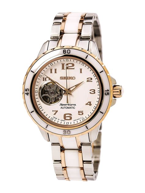 Seiko Womens Ssa880 Sportura White Semi Skeleton Dial Two Tone Steel And Ceramic Bracelet