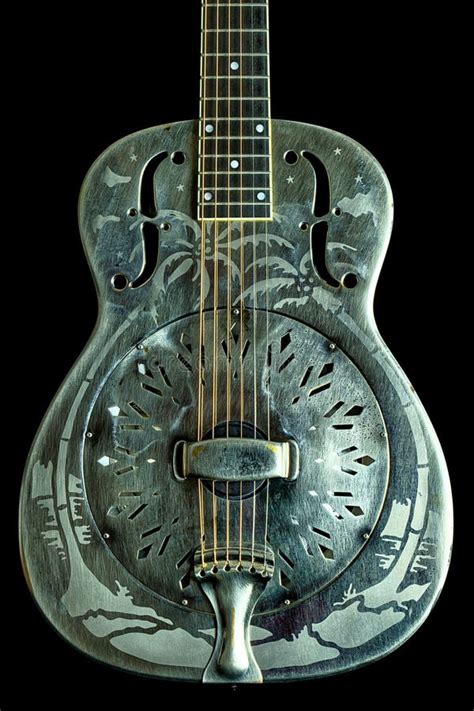 Side Lighting Vintage Resonator Acoustic Guitar Hawaiian Palm Tree