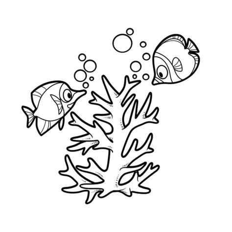 Fish Seaweed Coloring Book Linear Drawing Isolated White Background