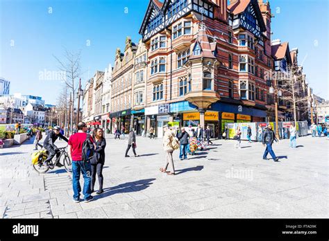 Nottingham City centre center UK busy streets street shops shoppers ...