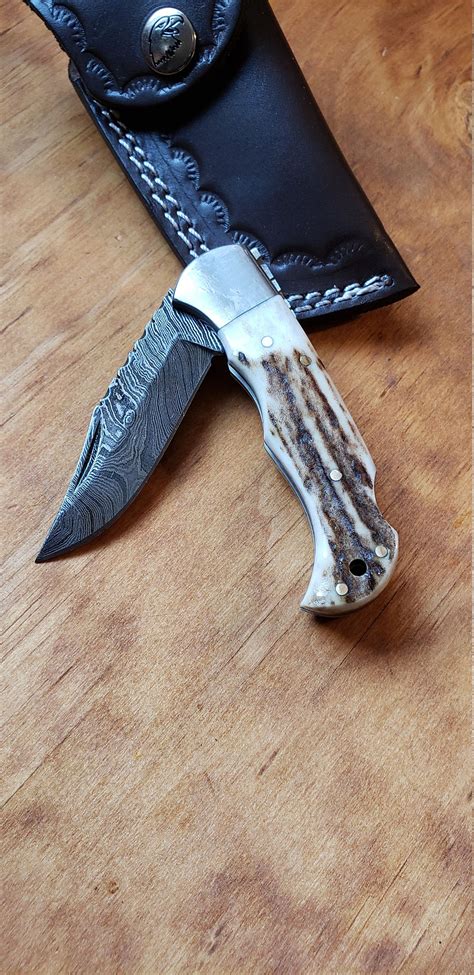 Deer Antler Folding Pocket Knife Damascus Blade Stag Horn Leather