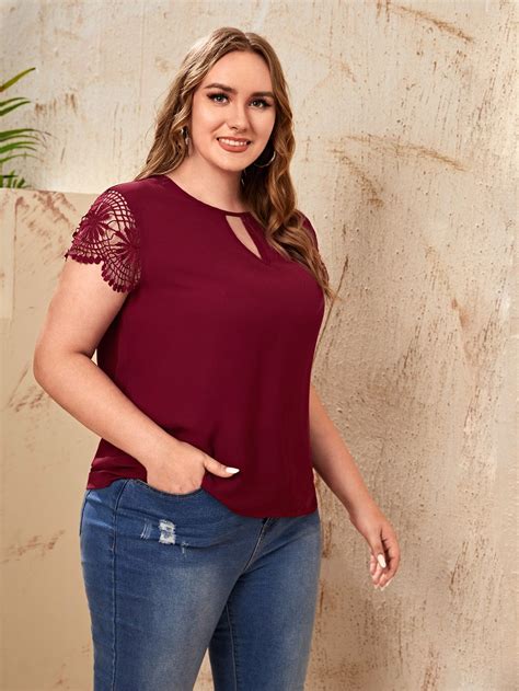 SHEIN Plus Keyhole Neck Lace Sleeve Top Tops Lace Sleeves Plus Size