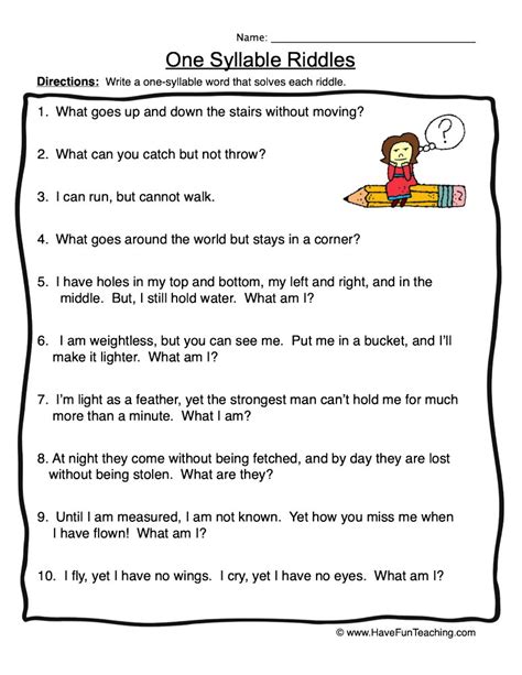 One Syllable Riddles Worksheet Have Fun Teaching