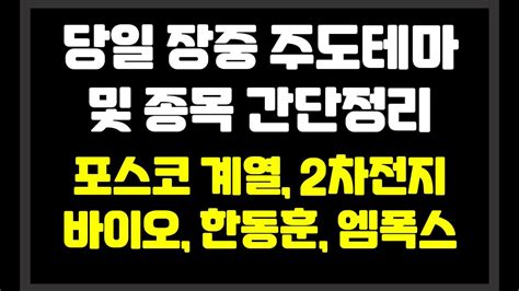 당일 장중 주도테마 및 종목 간단정리 포스코계열2차전지바이오한동훈원숭이두창 에코프로포스코엠텍하이스틸금강철강