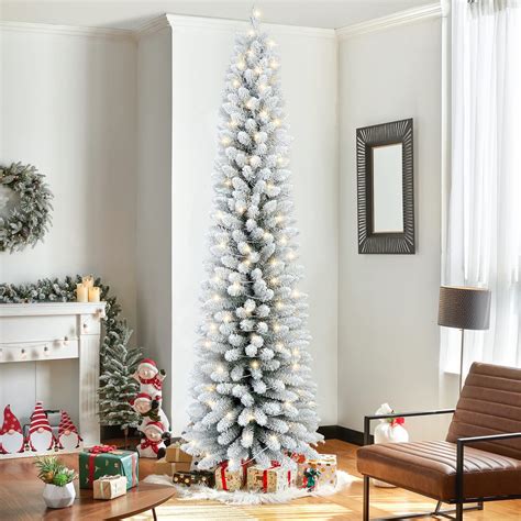 6 ft Pre-Lit Pencil Flocked Christmas Tree, Slim Spruce Holiday