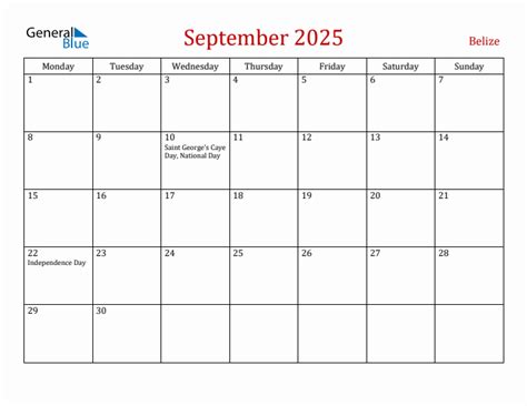 September 2025 - Belize Monthly Calendar with Holidays