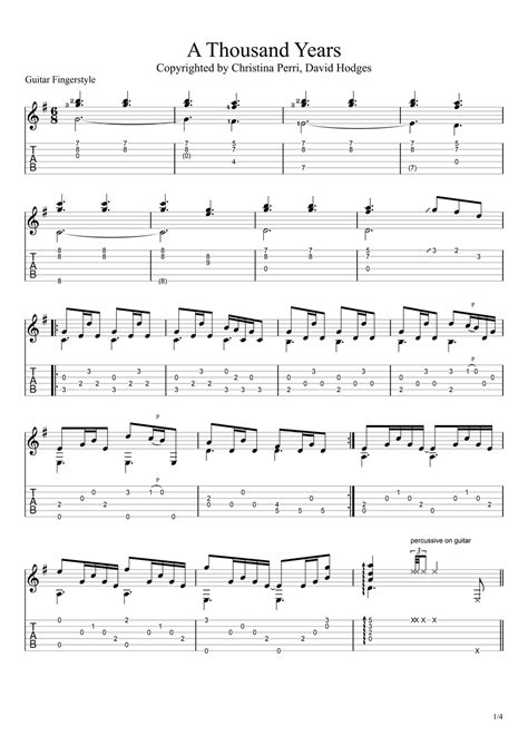 Christina Perri A Thousand Years Guitar Fingerstyle By Vincent Ong Tab 1staff Sheet