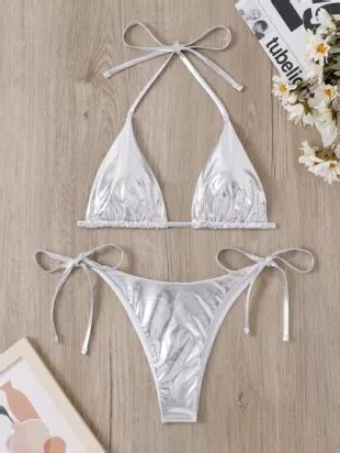 Shein Metallic Triangle Tie Side Bikini Swimsuit