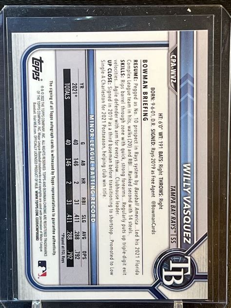 2022 Bowman Chrome Prospect Autograph Yellow Willy Vasquez 51 75 EBay