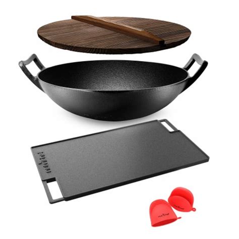 Nutrichef Pre Seasoned Wok Cast Iron Stir Fry Pan W Reversible Grill