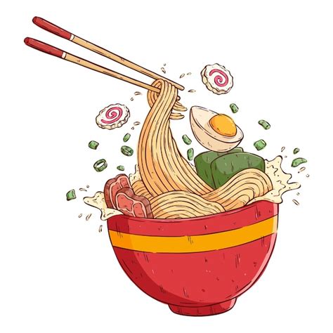 Sabrosos fideos asiáticos o ramen japonés con un colorido estilo de