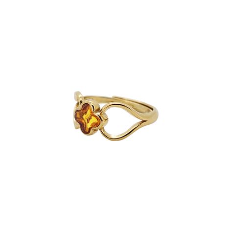 Clover Cognac Amber Silver Adjustable Ring Amberman