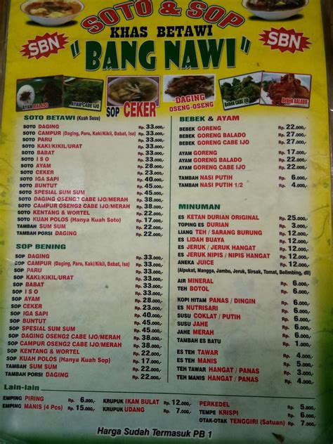 Menu At Soto Dan Sop Khas Betawi Bang Nawi Sunter Restaurant North Jakarta