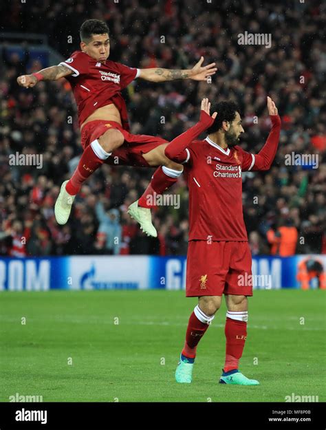 Liverpools Mohamed Salah Second Right Celebrates Scoring Hi Res Stock