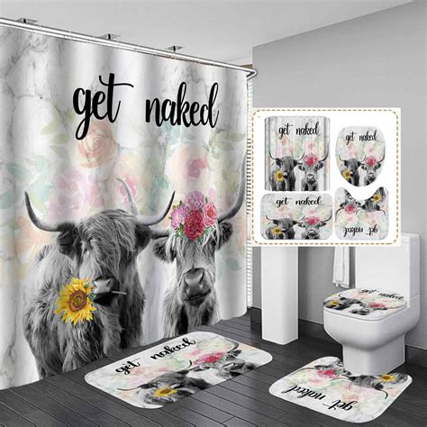 Piece Highland Cow Shower Curtain Set Get Naked Sunflower Floral Cattle Bull Longhorn