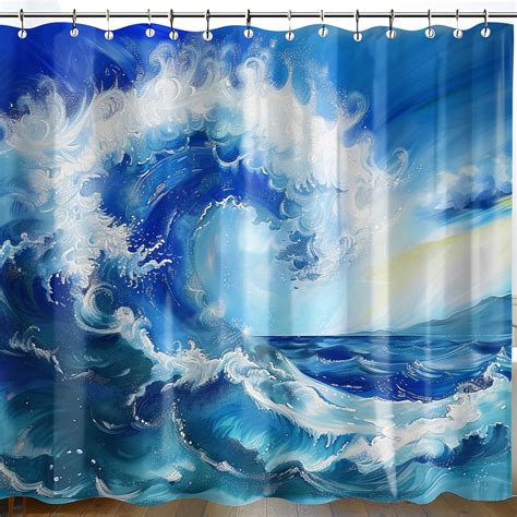 Ocean Wave Shower Curtain Blue And White Seascape Design Stormy