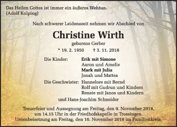 Traueranzeigen Von Christine Wirth Schwarzw Lder Bote Trauer