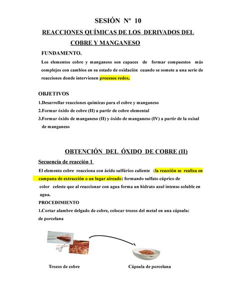 Sesi N N Reacciones Qu Micas De Los Derivados Del Cobre Y