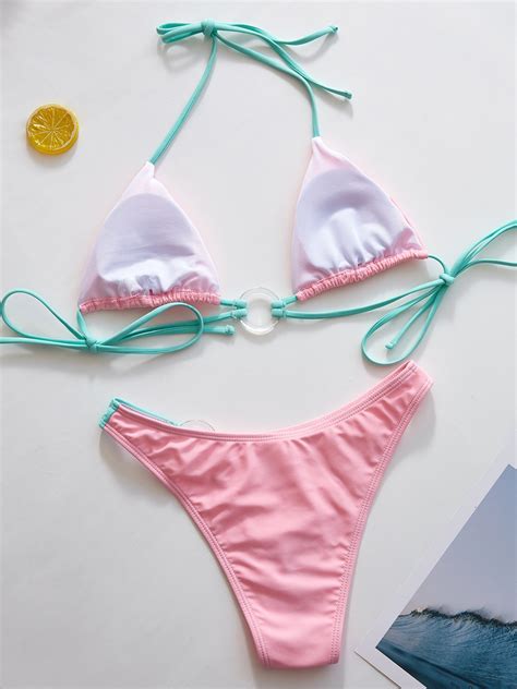 Emmiol Free Shipping 2024 O Ring Decor Contrast Bikini Set Pink L In