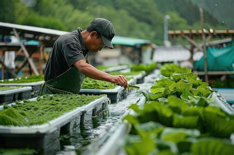 Un Trabajador Supervisa El Cultivo De Algas Nutritivas En La Granja