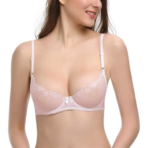 Deyllo Womens Sexy Lace Balconette Bra See Through Demi Unlined Bras Mesh Sheer Underwire