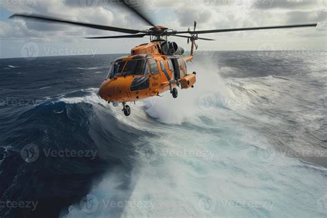 Search and rescue operation in sea. Emergency rescue helicopter over ...