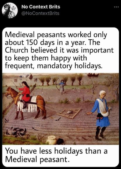 Medieval serfs had more holidays than the modern man : r/EndTimers