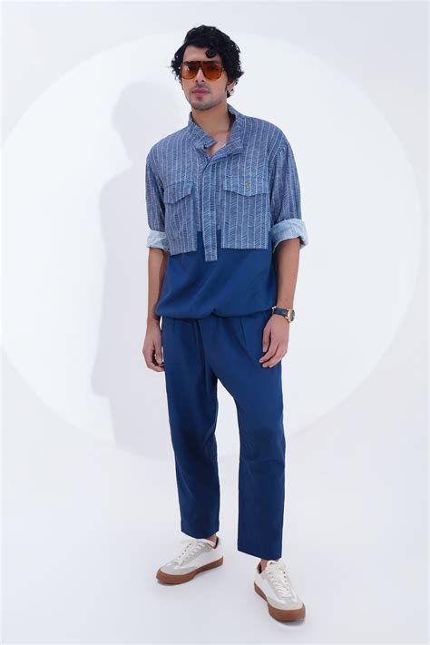 Buy Blue Linen Printed Zig Zag Shacket For Men By Jajaabor Online At Aza Fashions