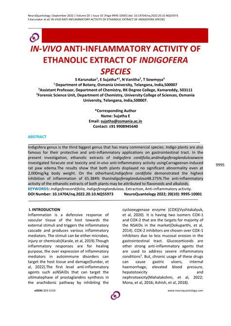 Pdf In Vivo Anti Inflammatory Activity Of Ethanolic Extract Of