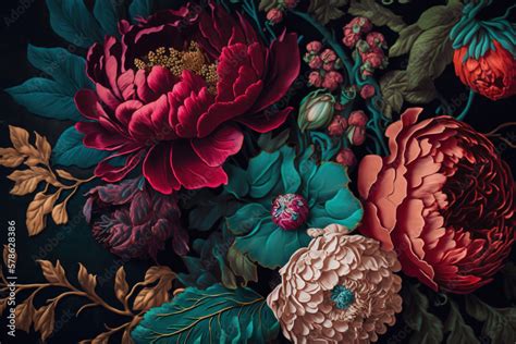 Flowers on a dark background. Botanical luxury floral wallpaper. AI ...