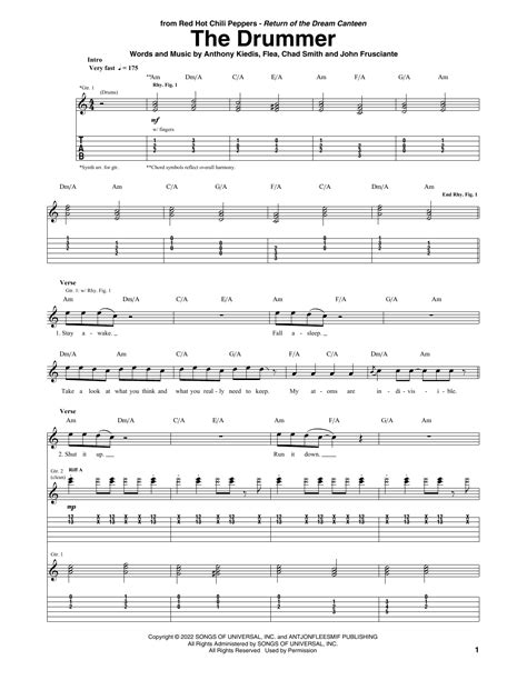 The Drummer By Red Hot Chili Peppers Sheet Music For Guitar Tab At Sheet Music Direct