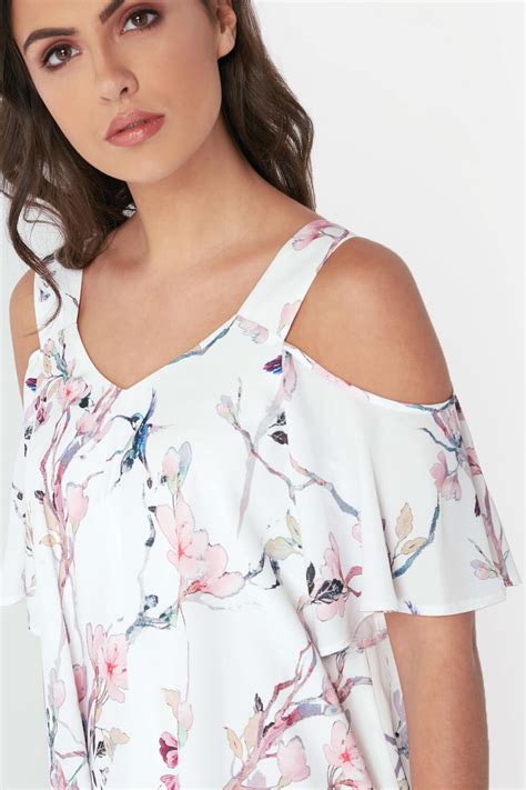 Floral Print Cold Shoulder Top In Ivory Roman Originals UK