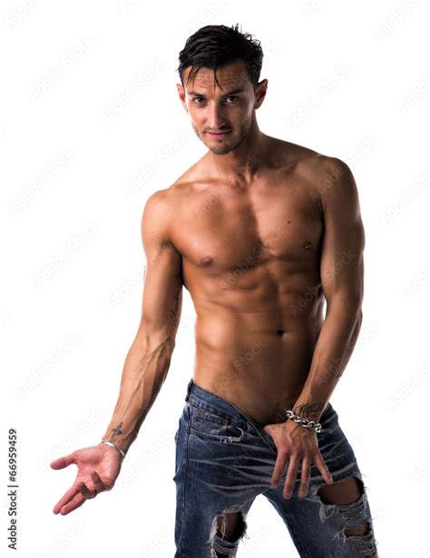 Handsome Lean Shirtless Man In Jeans Stock Photo Adobe Stock