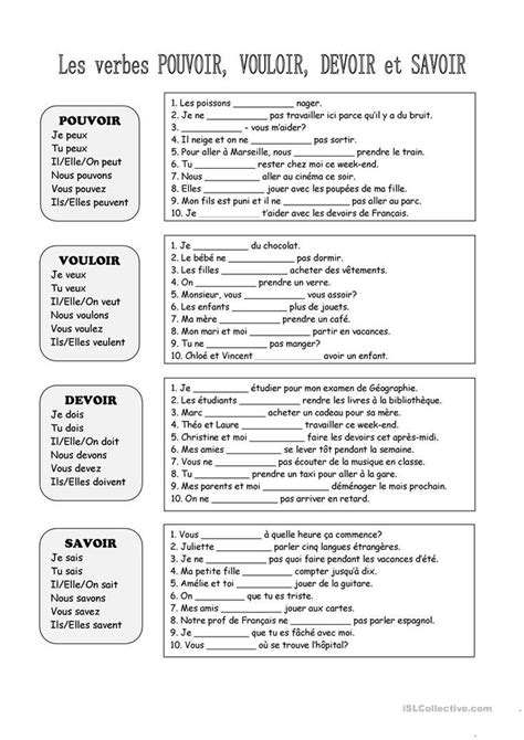 Les verbs POUVOIR VOULOIR DEVOIR et SAVOIR Français Fle Fiches