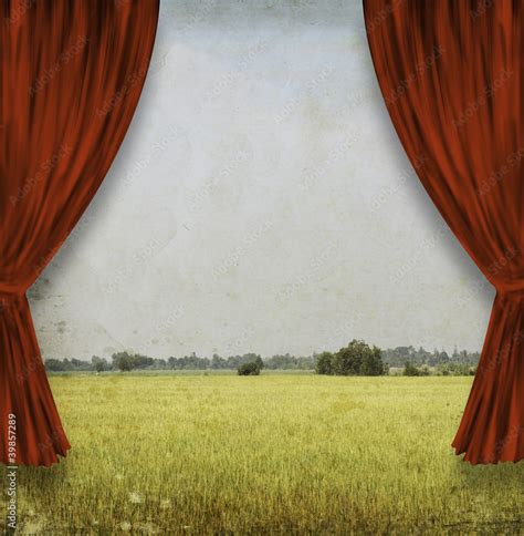 theater stage with red curtains and nature background Stock ...