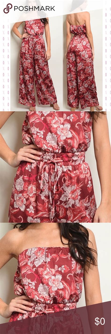 Wine Red Floral Print Lined Wide Leg Strapless Jumpsuit Strapless