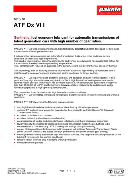 Atf DX Vi I: Synthetic | PDF | Automatic Transmission | Lubricant