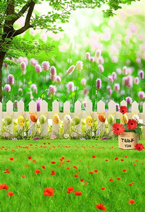 Beautiful Easter Backdrop Spring Flowers Easter Eggs Green Grass Photo