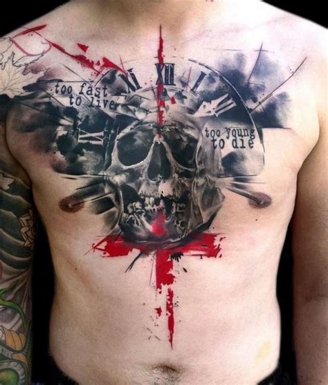 Original combined colored bloody skull with clock and lettering tattoo ...