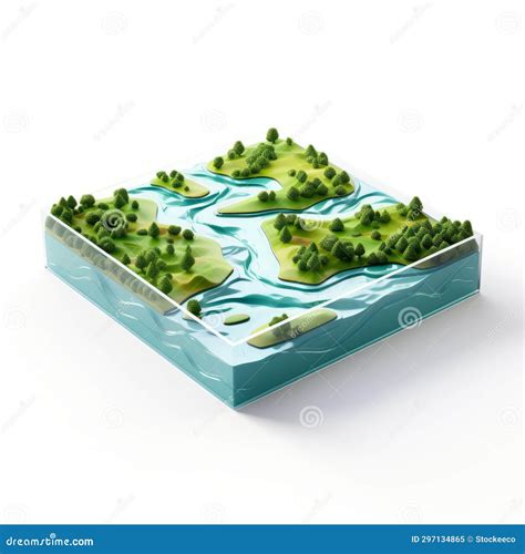 Simplified 3d Landscape Model With Forest And Rivers Stock Illustration