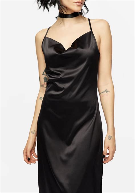 Medeina Cowl Neck Satin Midi Slip Dress Midnight Black Disturbia