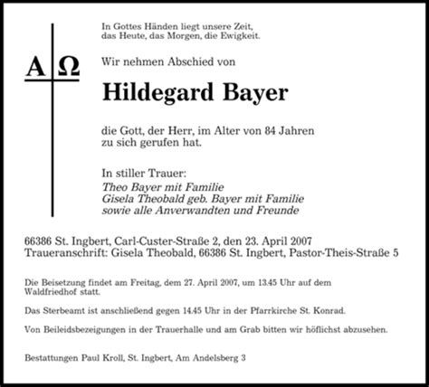 Traueranzeigen Von Hildegard Bayer Saarbruecker Zeitung Trauer De