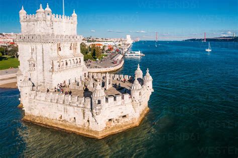 Aerial Drone View Of Belem Tower Unesco World Heritage Site A 16th