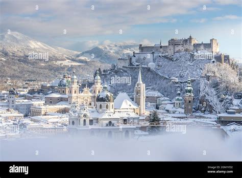 Panorama of Salzburg in winter: Snowy historical center, sunshine Stock ...