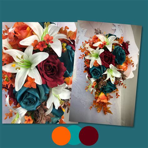 Teal Bridal Bouquet With Burgundy And Orange White Lily Bouquet With