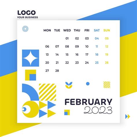 February month, poster in blue and yellow colors, geometric calendar ...