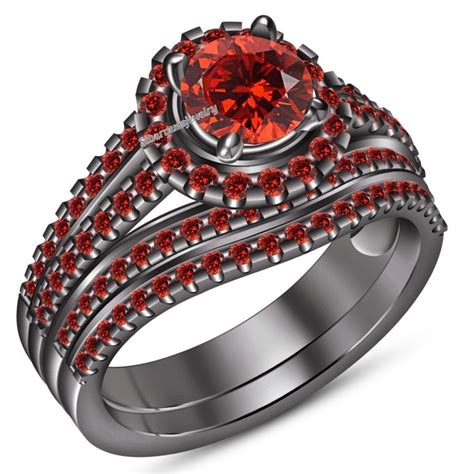 14k Black Gold Round Red Garnet Ladies Bridal Set Engagement Ring